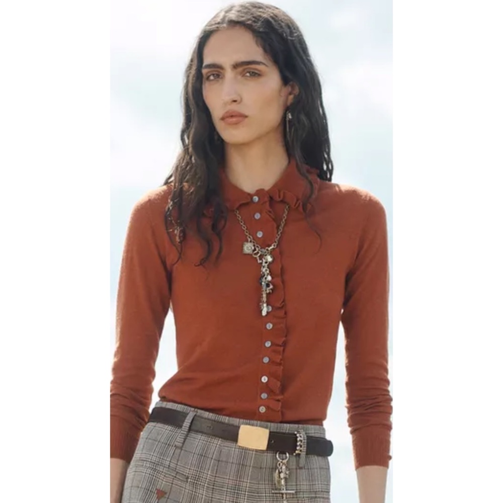 Zara Rust Ruffle-Trim Button Cardigan - Picture 2 of 15